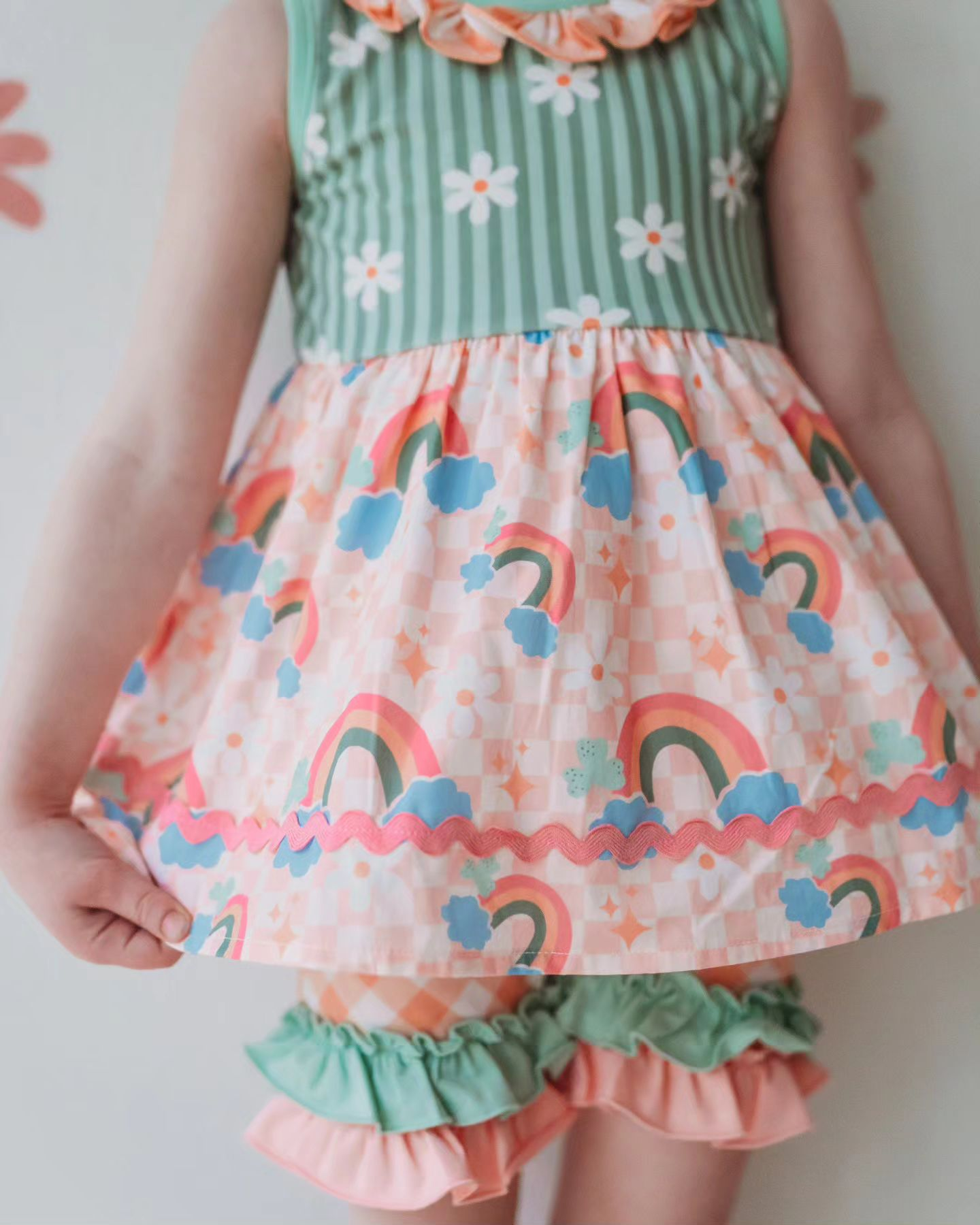 Baby Girls Green Stripe Sleeveless Floral Rainbow Tunic Ruffle Plaid Shorts Set Preorder