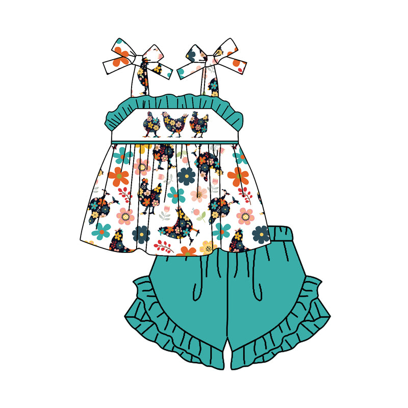 Baby Girls Strap Floral Chicks Floral Tunic Aqua Ruffle Shorts Farm Set Preorder