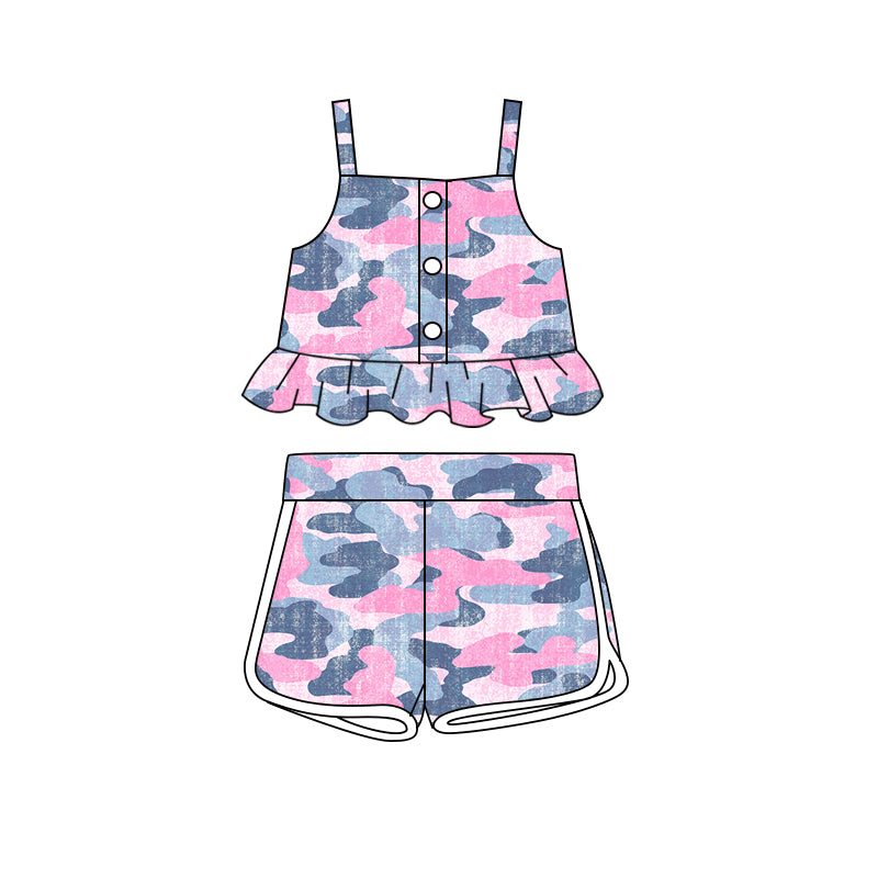 Baby Girls Strap Pink Camo Button Down Top Short Set Preorder