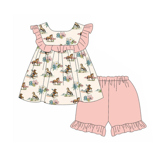 Baby Girls Peach Ruffle Sleeveless Horse Floral Tunic Ruffle Short Set Preorder