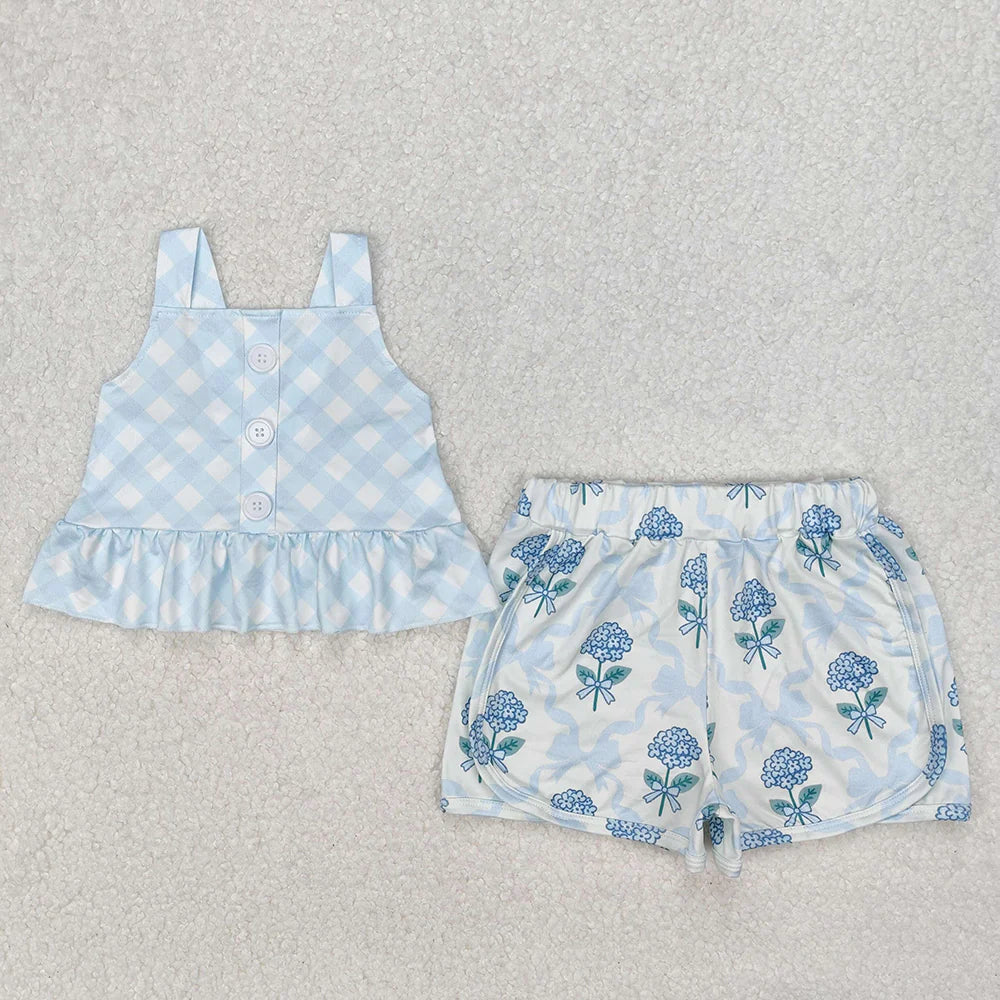 Sibling Baby Girls Blue Flowers Bows Yoga Summer Outfits