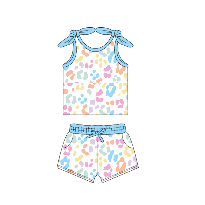 Baby Girls Blue Bows Strap Colorful Leopard Top Pocket Shorts Set Preorder