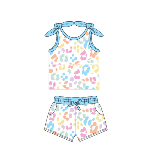 Baby Girls Blue Bows Strap Colorful Leopard Top Pocket Shorts Set Preorder