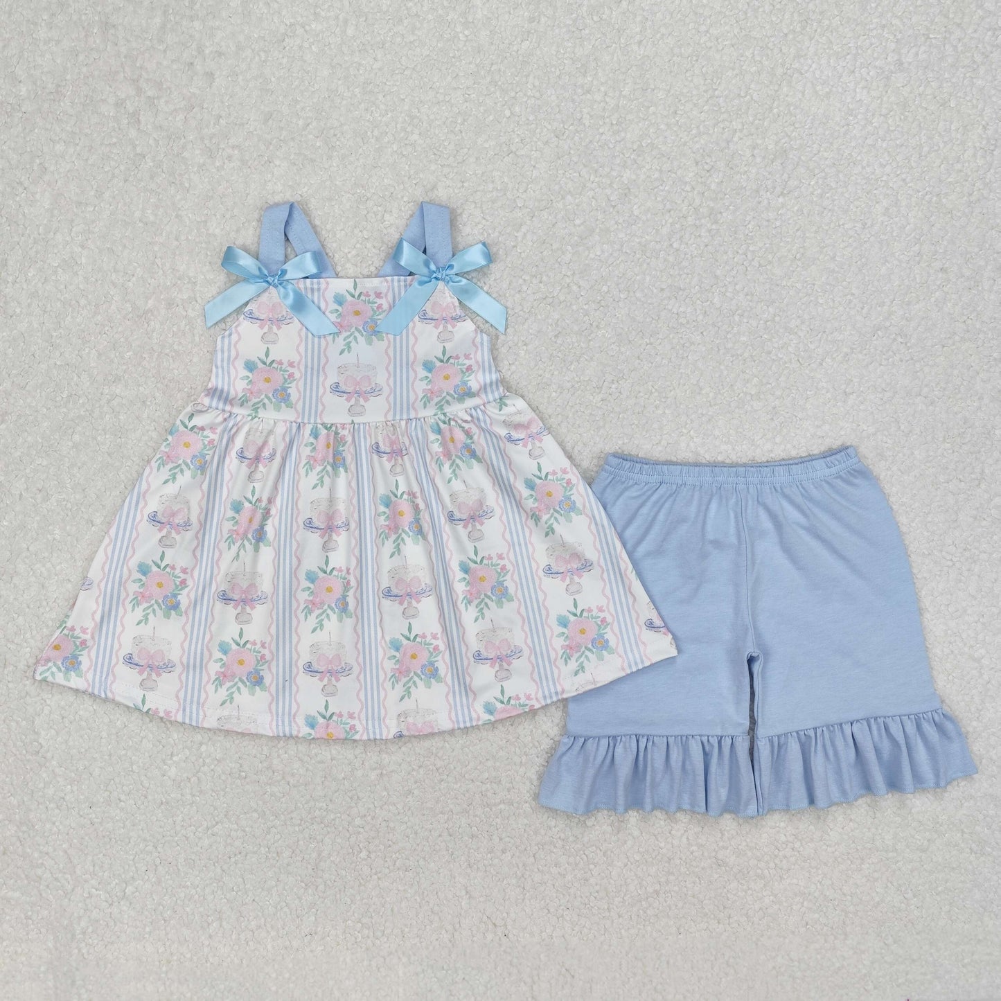 Sibling Baby Girls Flowers Cakes Straps Bows Rompers Dresses Outfits
