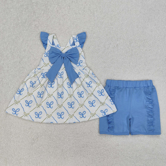 Baby Girls Blue Flutter Sleeves Bows Plaid Tunic Ruffle Shorts Set