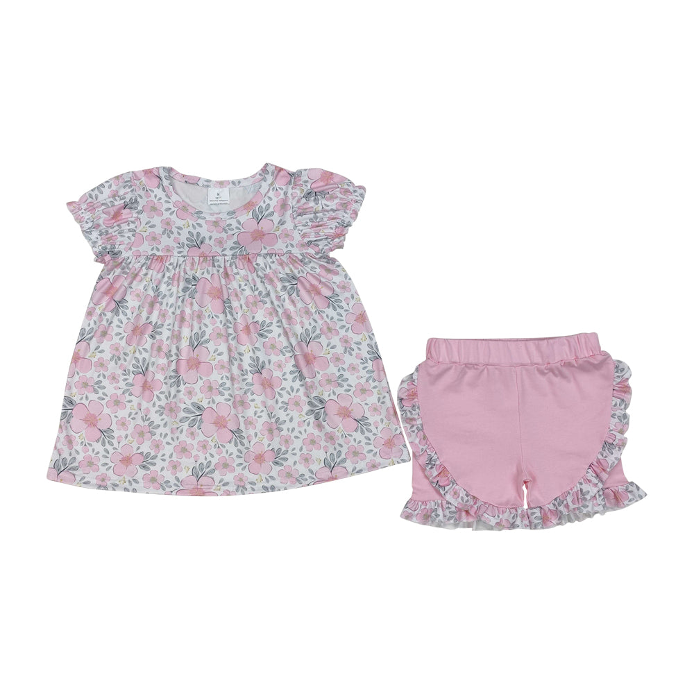 Baby Girls Pink Short Ruffle Sleeves Floral Tunic Short Set