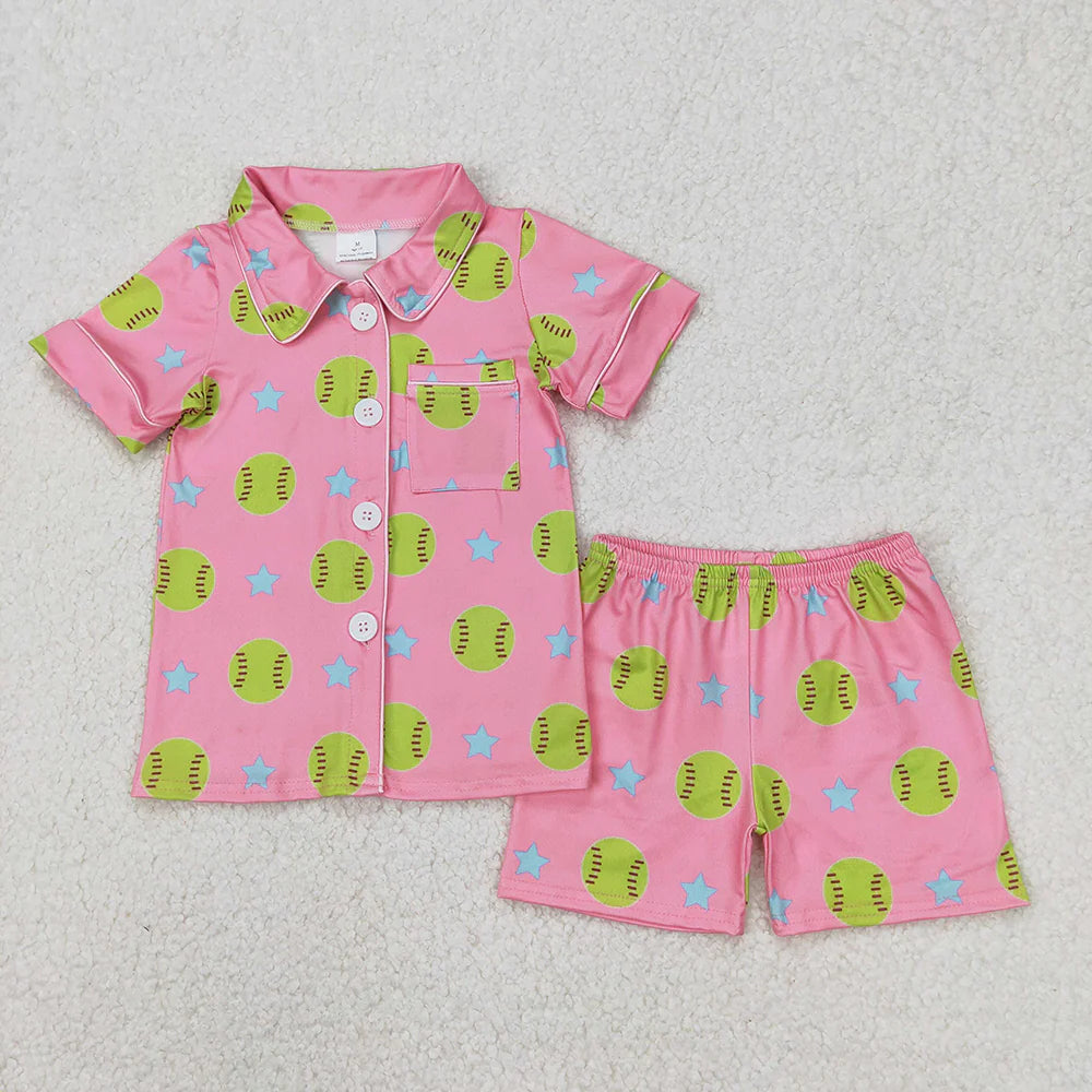 Sibling Toddler Girls Sports Ball Buttons Top Shorts Pajama Set