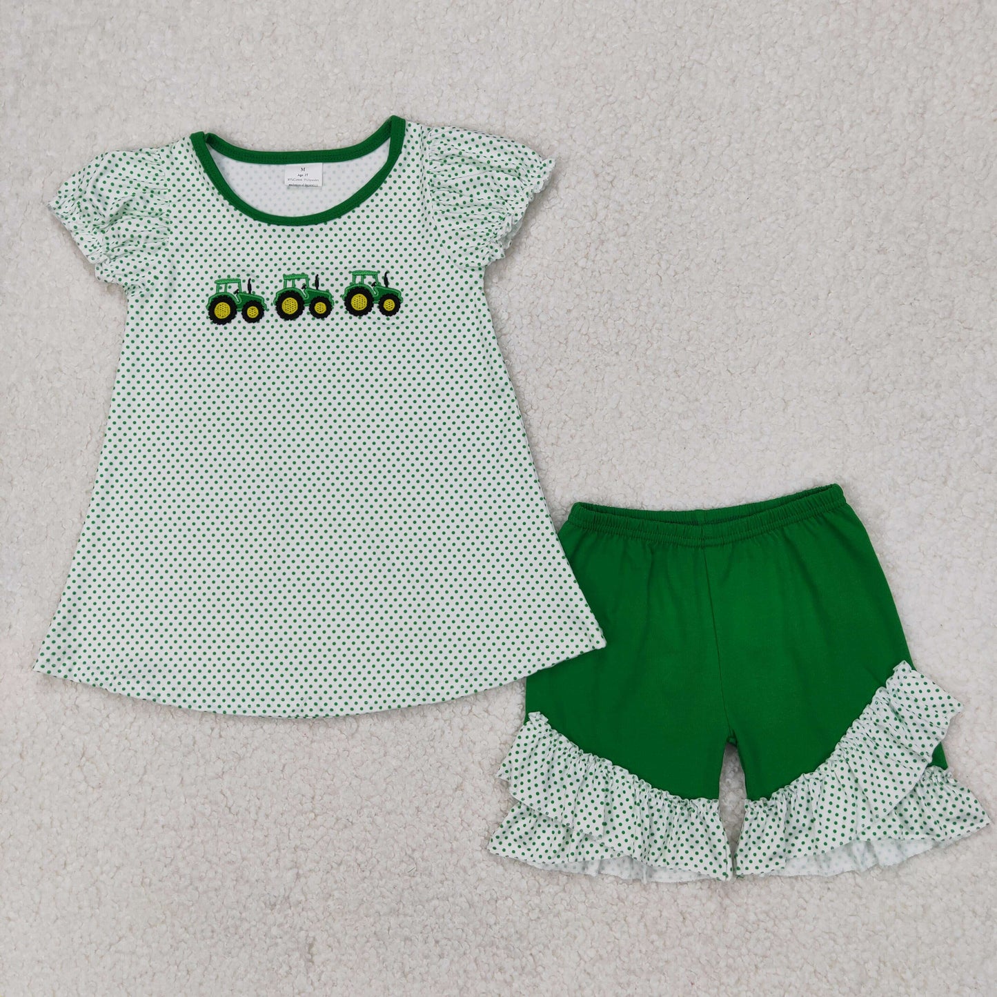Sibling Summer Clothes Set Embroidery Farm Tractors Top Shorts Outfit