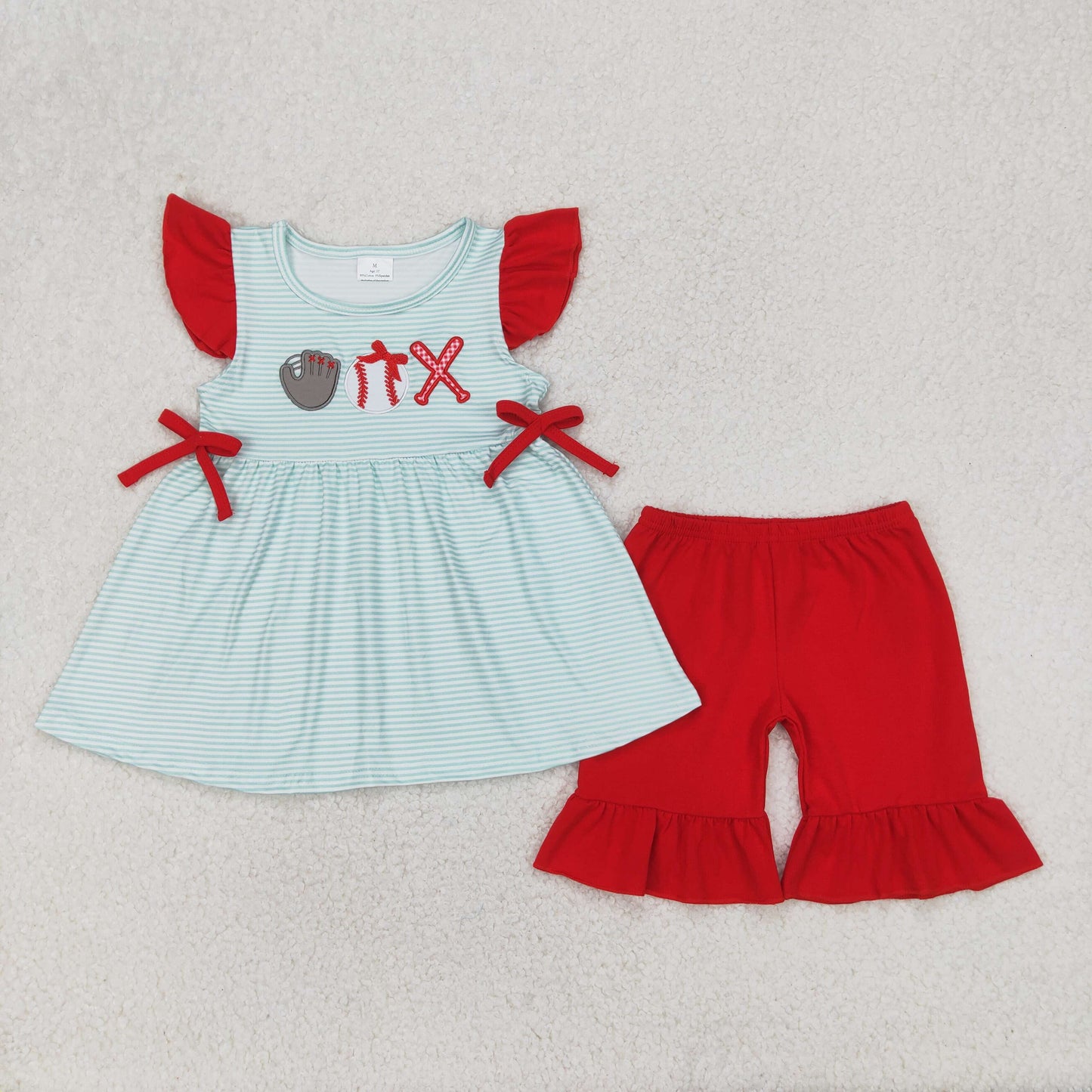 Baby Girls Sister Summer Embroidery Baseball Outfit & Romper