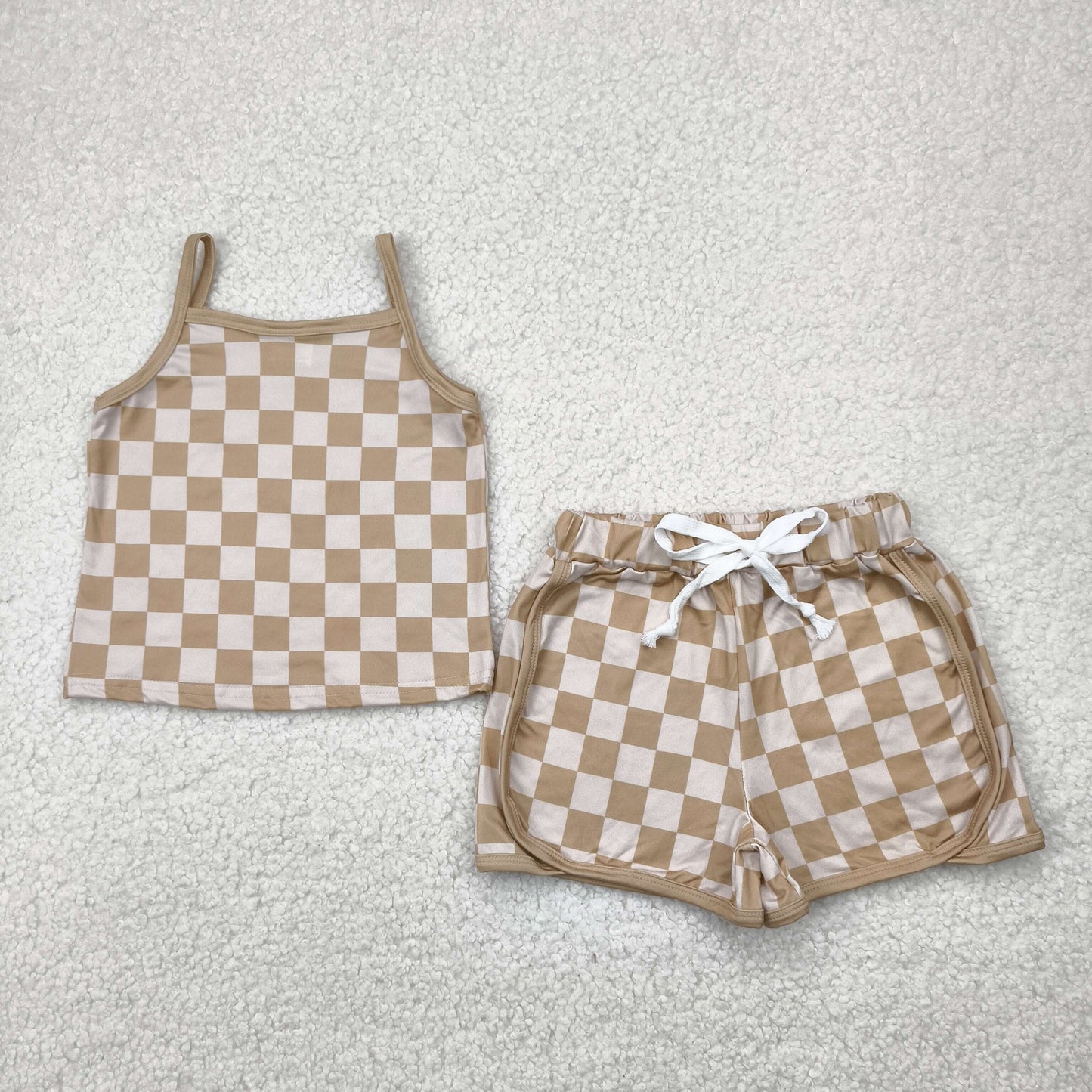 Summer Baby Girls Sisters Checker Straped Top Shorts Set