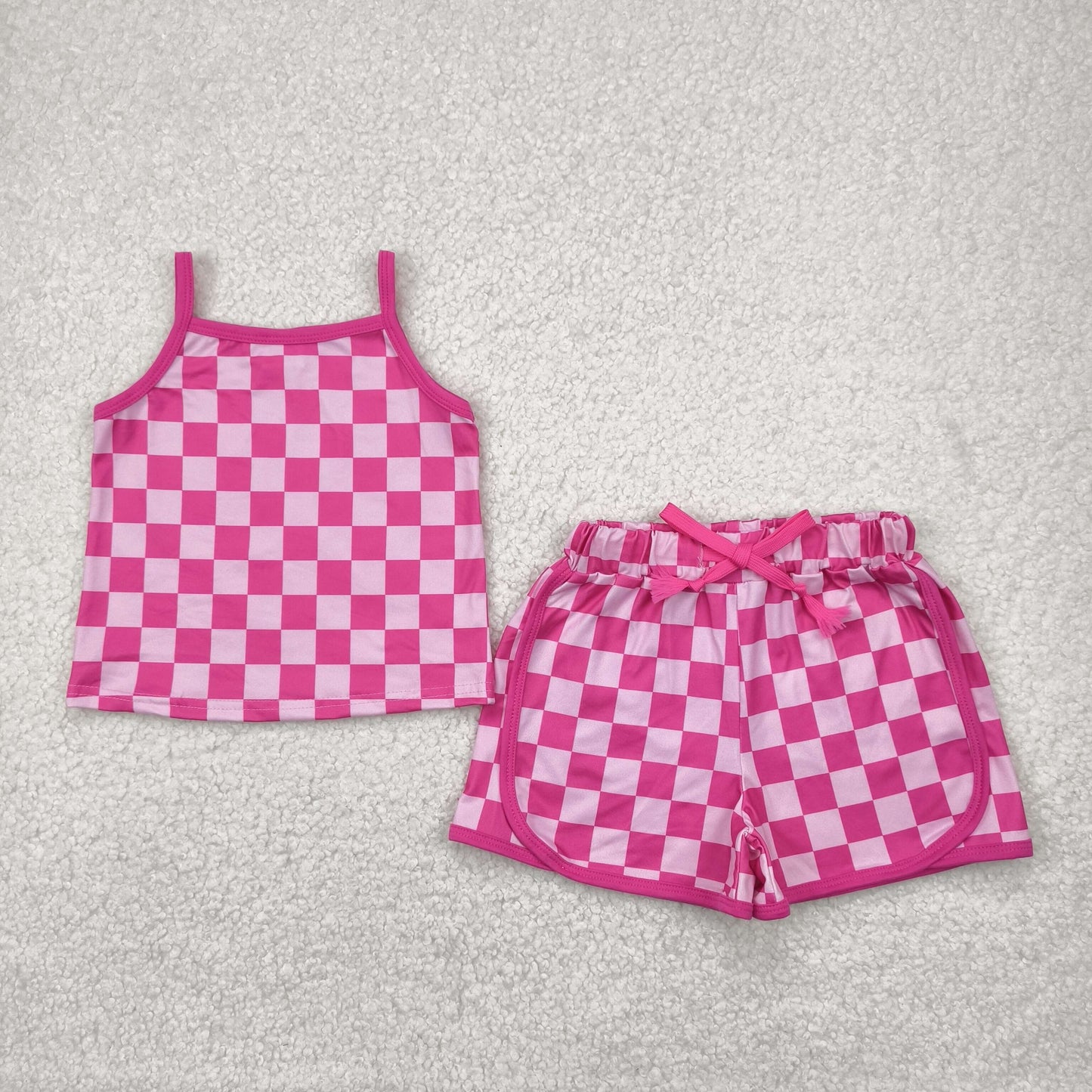 Summer Baby Girls Sisters Checker Straped Top Shorts Set