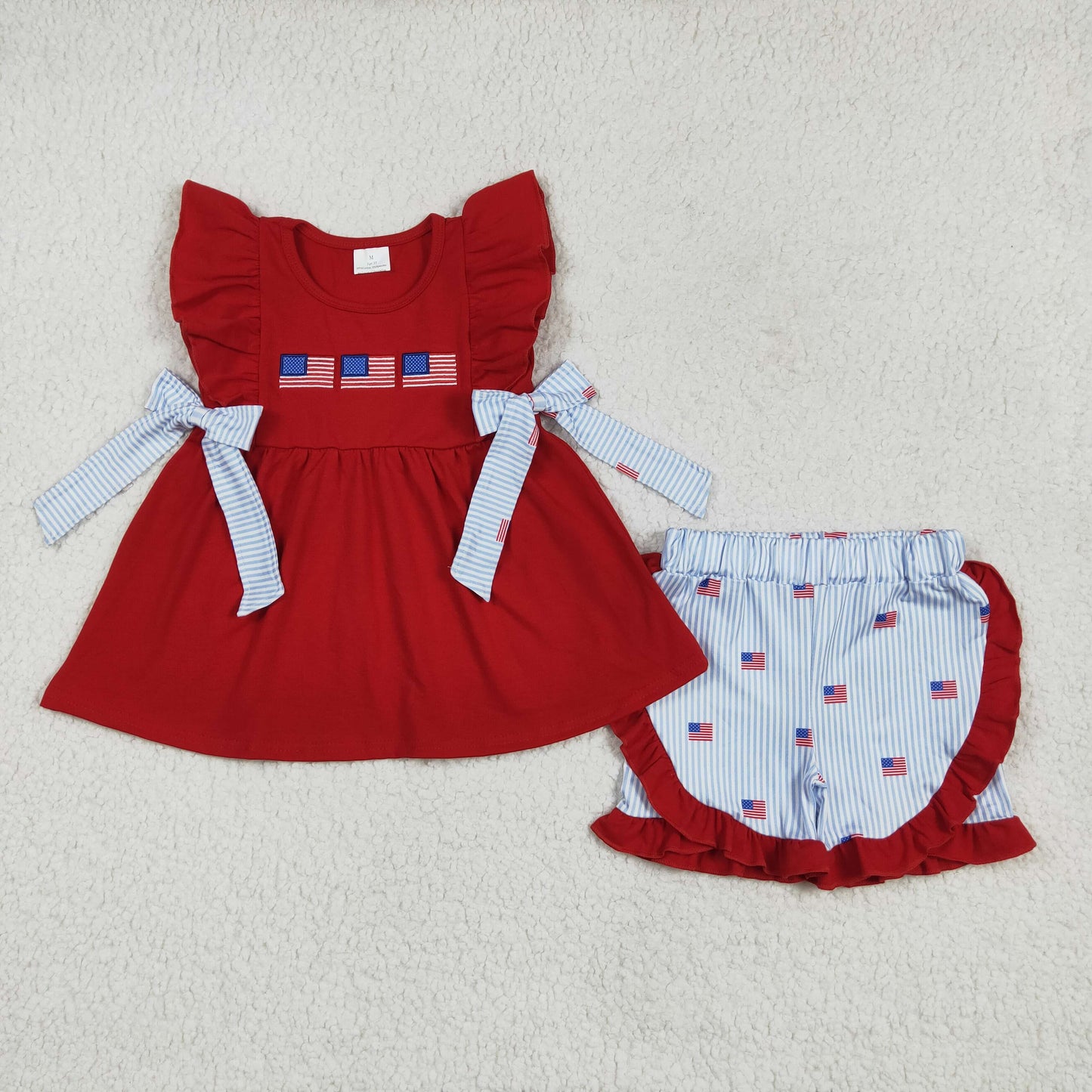 Sibling Embroidery Baby Girls Red Flags 4th of July Bows Rompers Outfits Sets