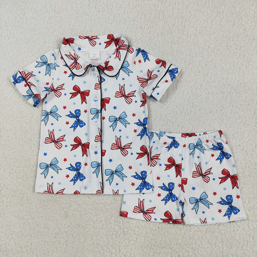 Baby Girls Blue Red Bows Button Top Short 4th Of July Pajamas Sets