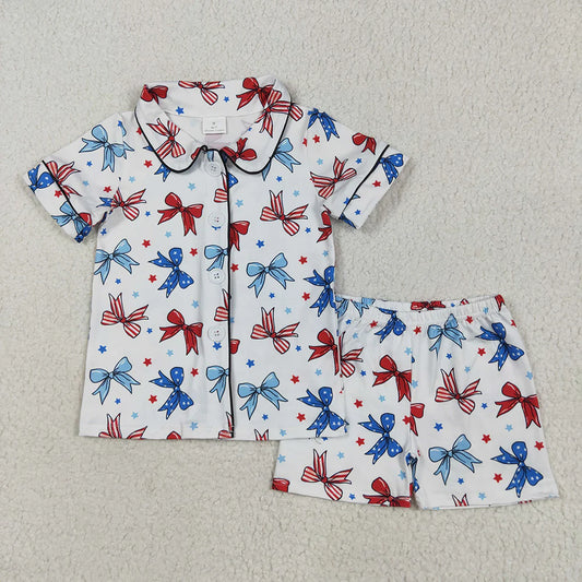 Baby Girls Blue Red Bows Button Top Short 4th Of July Pajamas Sets