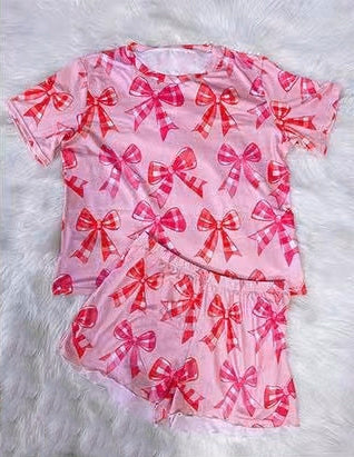 GSSO2528 Kids Girls Summer Pink Bow Shorts Pajama Set Preorder