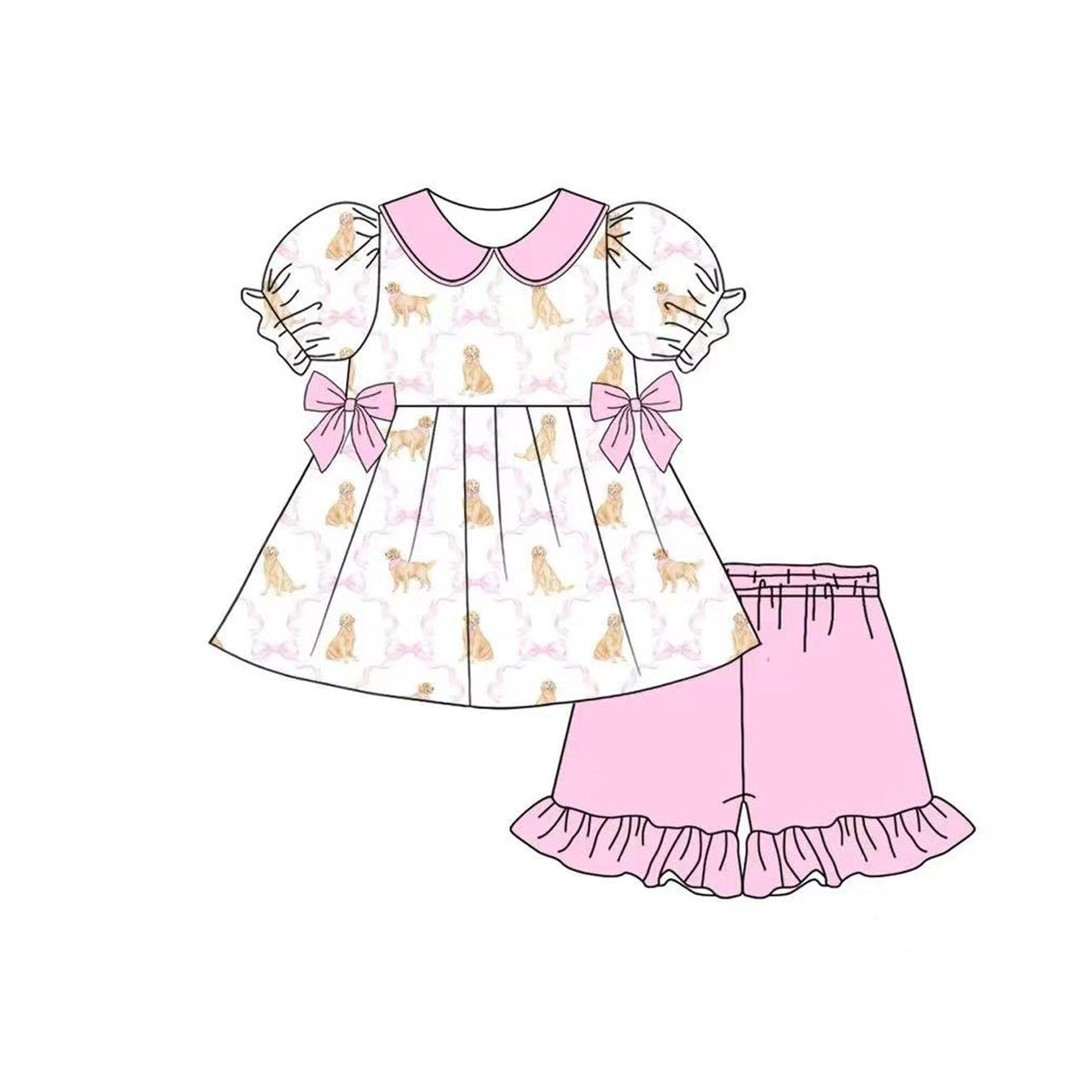 GSSO2532 Kids Girls Cute Dog Pink Bow Tunic Top Outfit Preorder