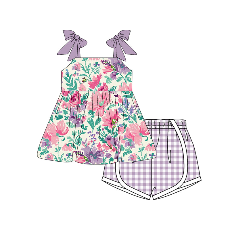 GSSO2558 Kids Girls Summer Floral Top Purple Gingham Shorts Set Preorder