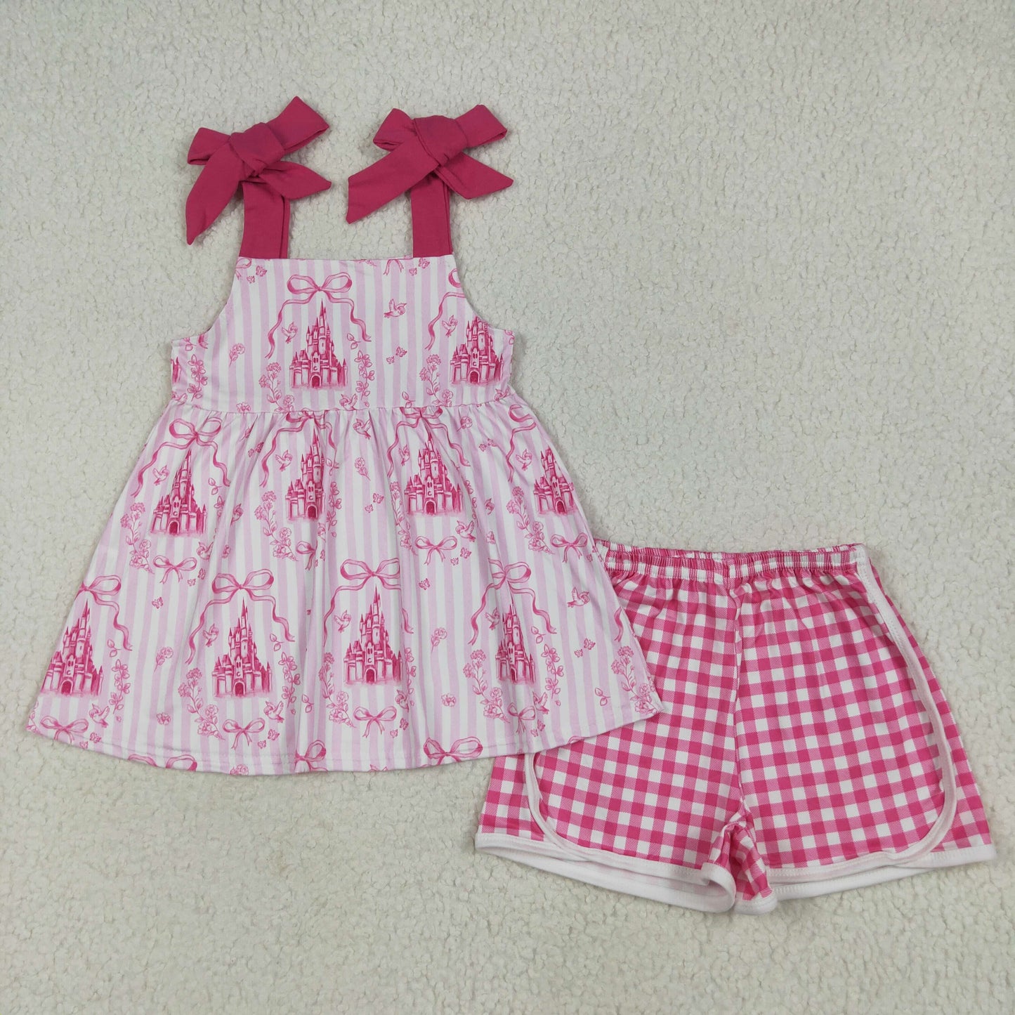 Sibling Baby Girls Pink Straps Castles Bows Checked Shorts Clothes Sets Romper