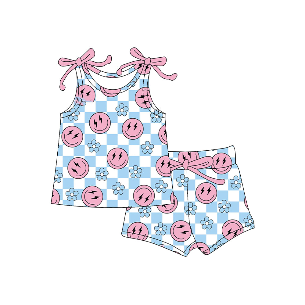 GSSO2585 Baby Girls Happy Face Blue Flower  Shorts Set Preorder