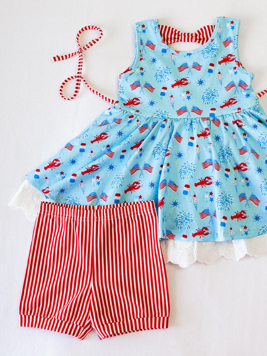 GSSO2592 Baby Girls July 4th Caryfish Tunic Top Shorts Set Preorder