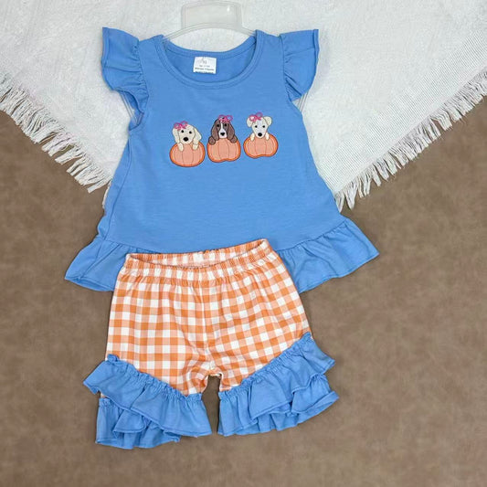 GSSO2700 Kids Girls Pumpkin Dog Applique Shorts Outfit