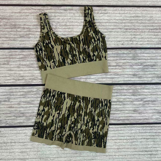 GSSO2701 Adult Women Bottomland Camo High  stretchy Tank Top Shorts Sport Set Preorder