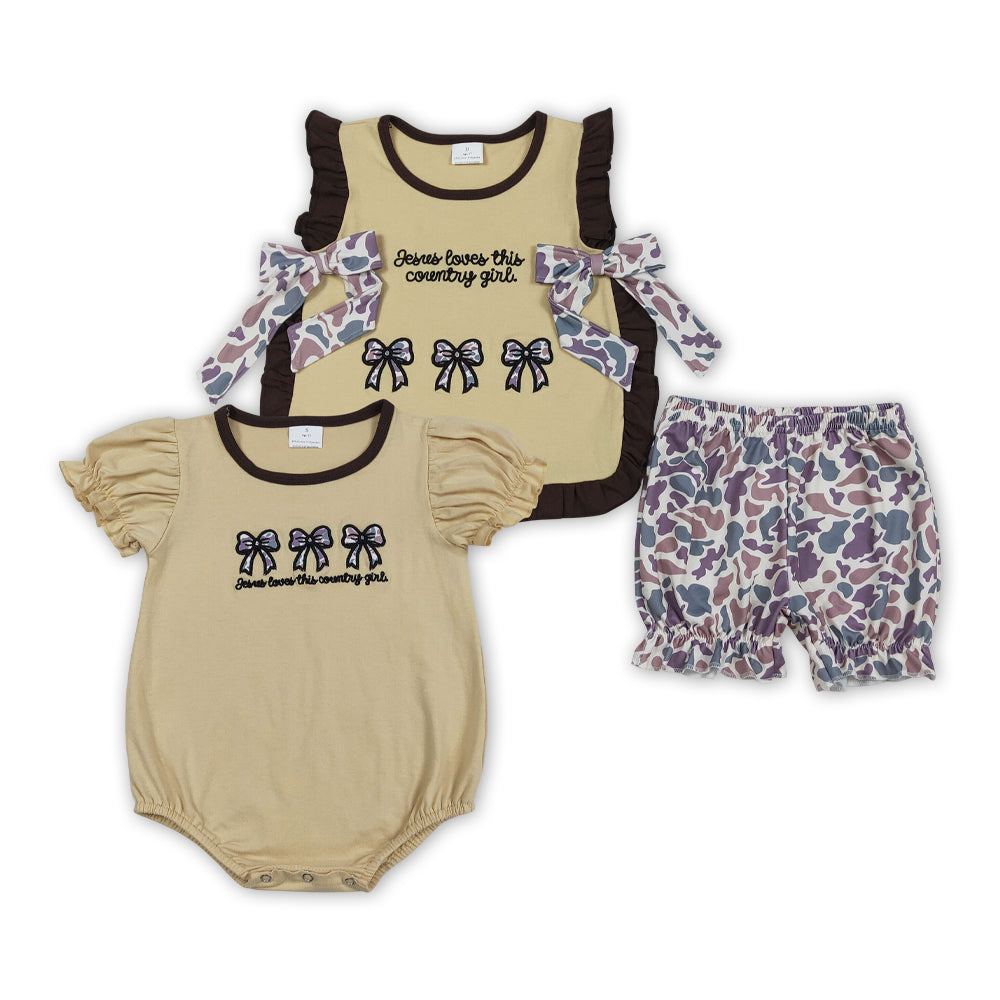 Jeses Loves this country girl sibling baby camo shorts set/bubble romper