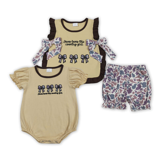 Jeses Loves this country girl sibling baby camo shorts set/bubble romper