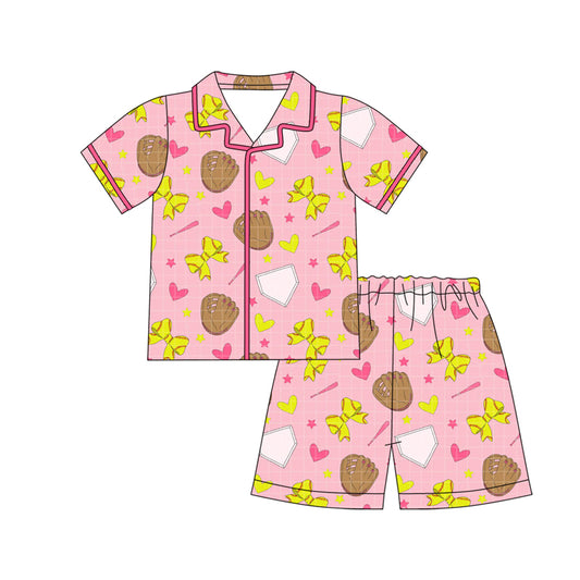 GSSO3013 Baby Girls Softball Bow Buttons Shorts Pajama Set Preorder