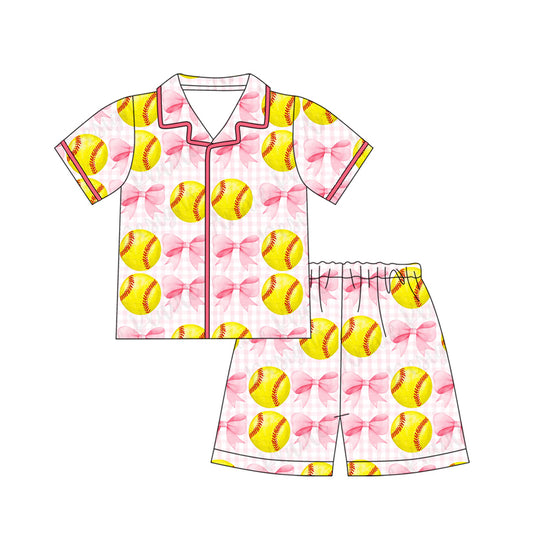 GSSO3014 Baby Girls Softball Bow Pink Buttons Shorts Pajama Set Preorder