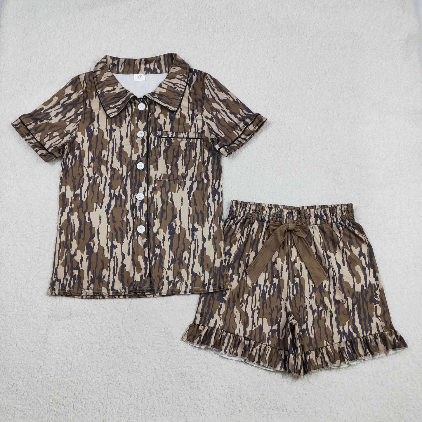 Mommy and Me Camo Bow Button Down Top With Shorts Pajama Set