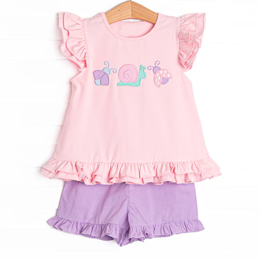 GSSO3305 Baby Girls snail Pink top purple shorts set preorder