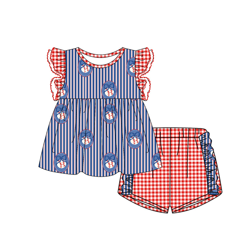 GSSO3352 Baby Girls Baseball Top With Red Gingham Shorts Set Preorder