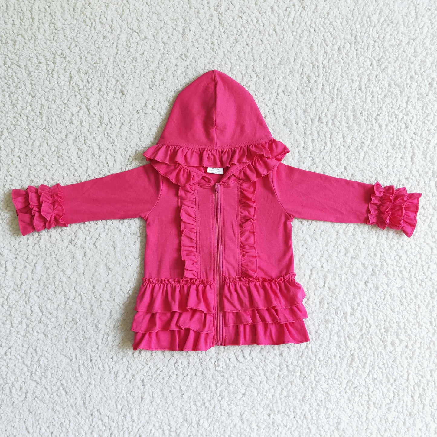 Baby Girls Hot Pink Long Ruffle Sleeves Zipper Hoodies