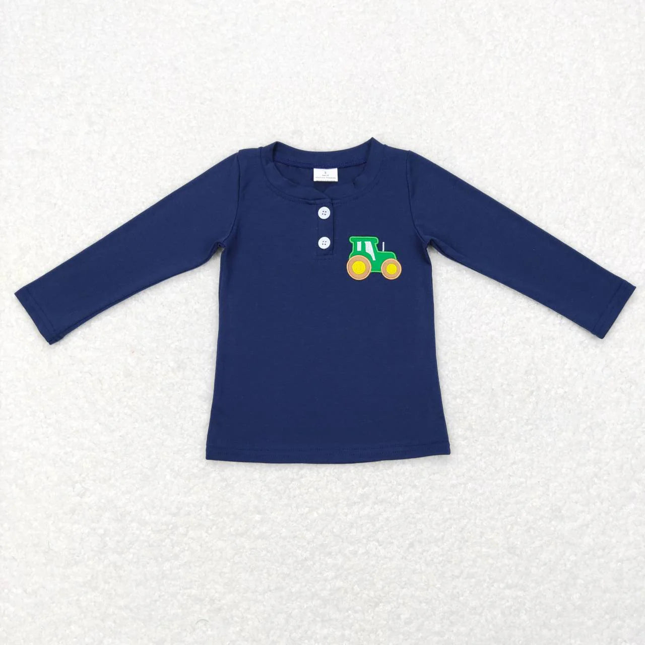 Sibling Baby Boys Farm Truck Appliaue In Navy Cotton Long Sleeve Pullover Top