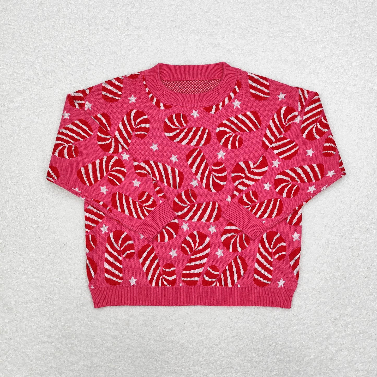 GT0665 Baby Girls Pink Christmas Candy Cane Long Sleeve Sweaters