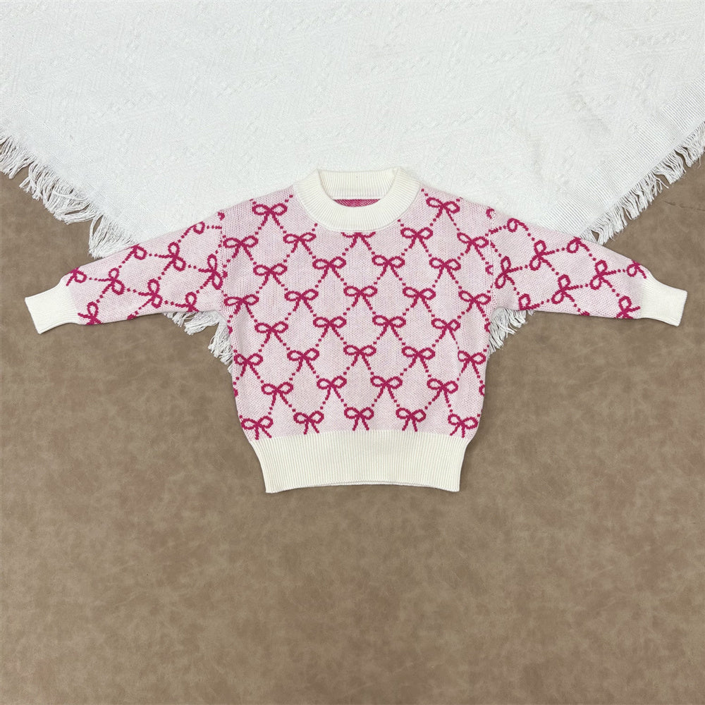 Toddler Girls Pink Bow Sweater Top With Denim Pants Outfit