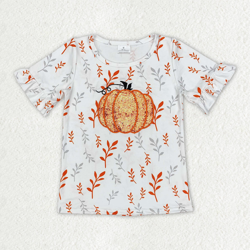 GT0824 Baby Girls Orange Sequin Pumpkin Short Sleeve Top Preorder