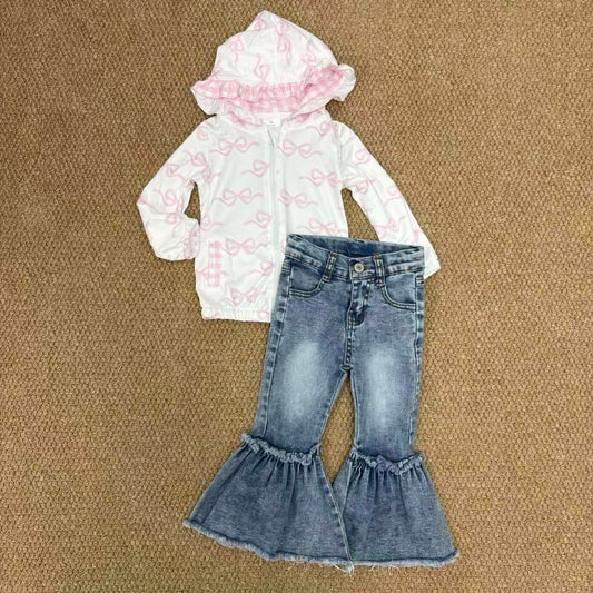 Baby Girls Pink Bow Hoodie Top With Bell Bottom Jeans Set Preorder