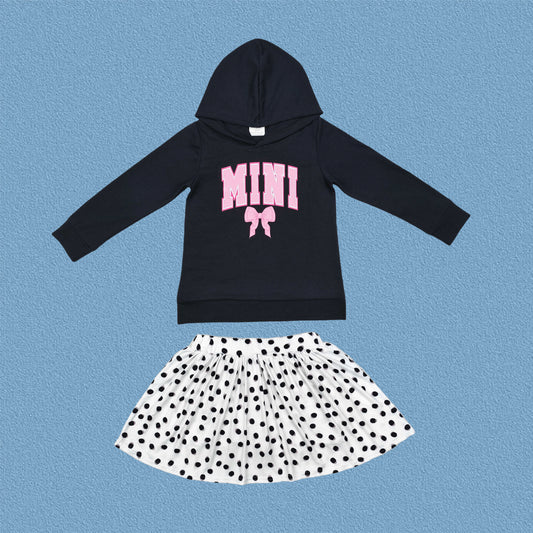 Baby Girls Mini Pink Bow Black Hoodie Top With Polka Dot Skort Set