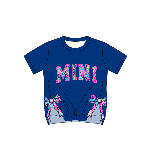 Baby Girls Hot Blue Short Sleeves Watercolor MINI Print Top Bows Shirts Preorder