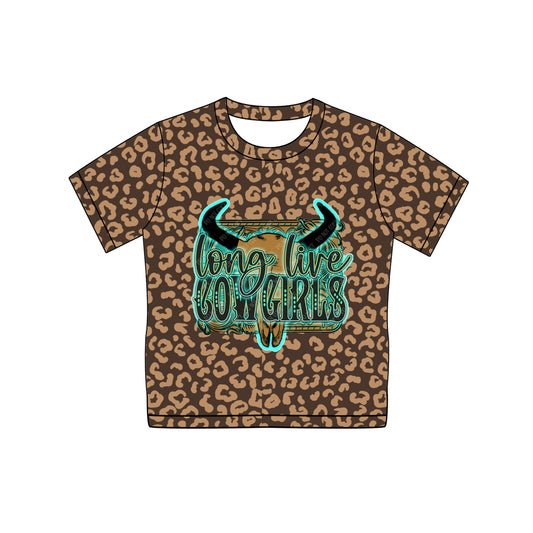 Baby Girls Short Sleeves Brown Leopard COWGIRLS Bull Skull Print Top Shirts Preorder