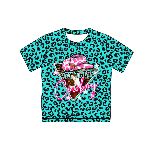 Baby Girls Short Sleeves Blue Leopard Cowboy HEY THERE Print Top Shirts Preorder