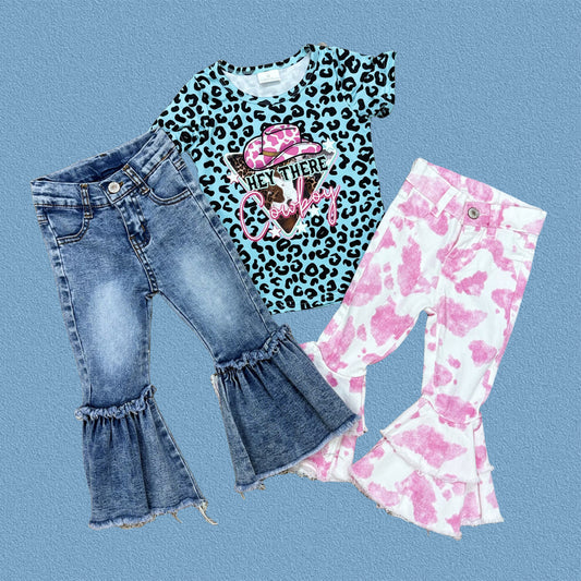 Western Baby Girls Leoaprd Top Bell Bottom Denim Pants Outfit