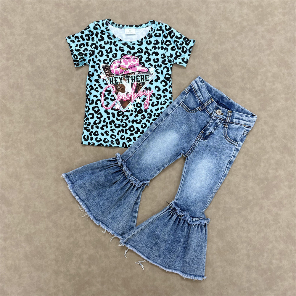 Western Baby Girls Leoaprd Top Bell Bottom Denim Pants Outfit