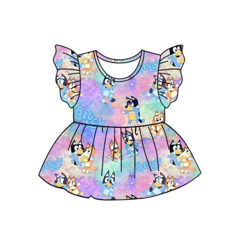 Baby Girls Lavender Flutter Sleeves Cartoon Blue Dogs Print Tunic Preorder