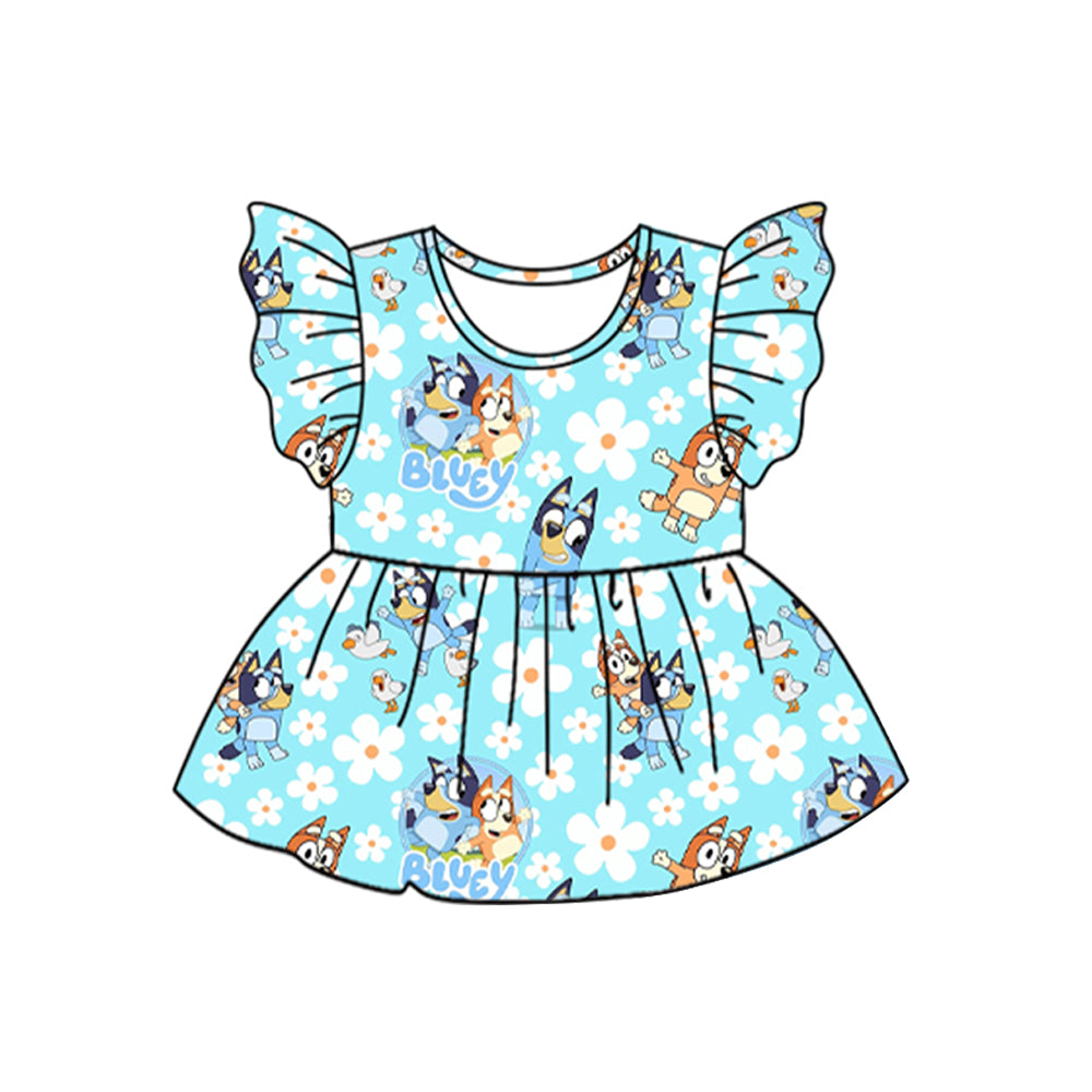 Baby Girls Light Blue Flutter Sleeves Cartoon Blue Dogs Print Tunic Preorder