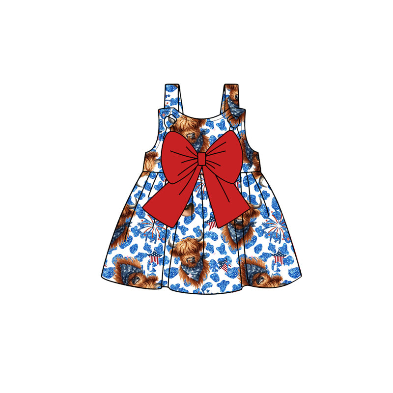 Baby Girls Strap Blue Camo Highland Cows Flags Fireworks Red Bow 4th Of July Shirts Top Preorder