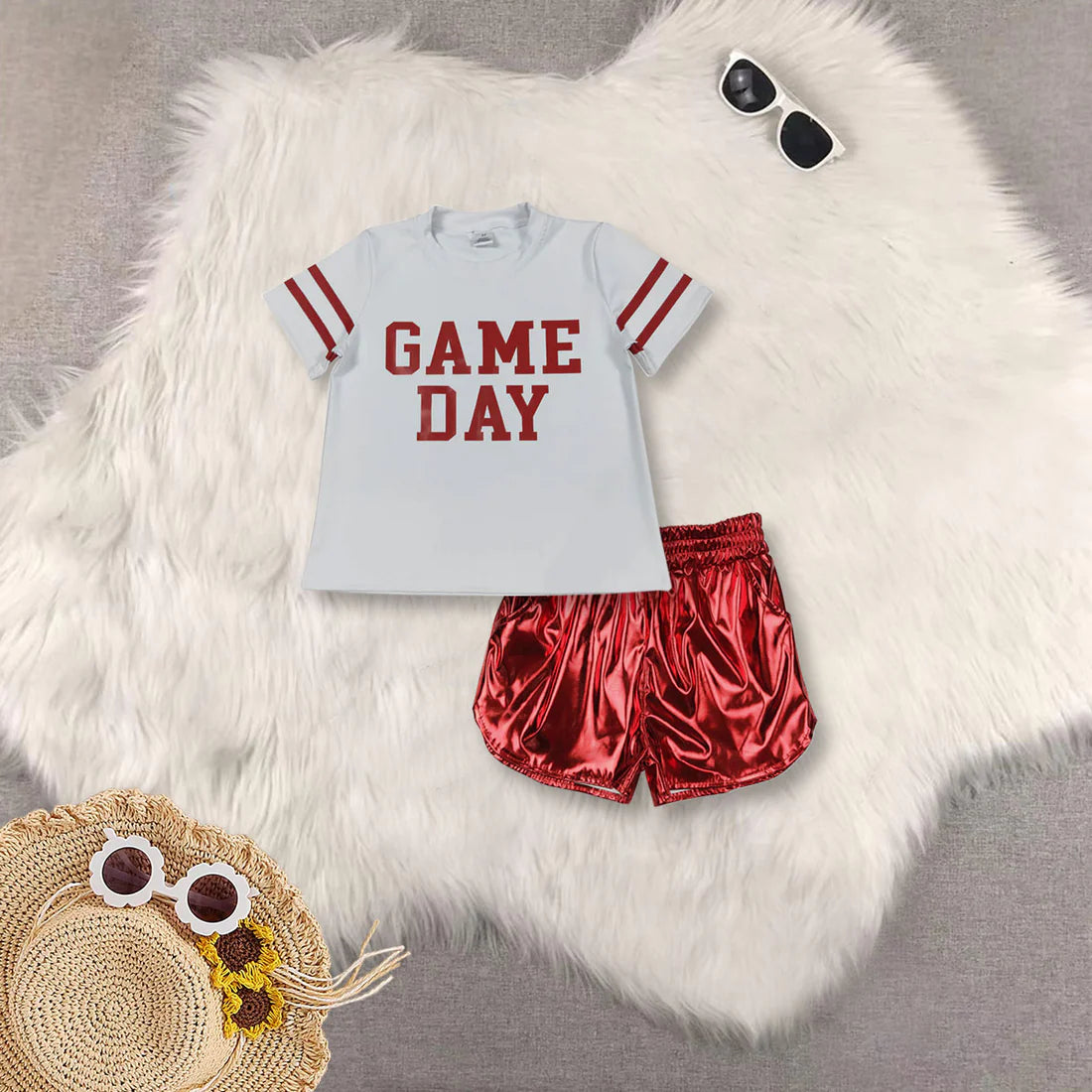 Kids Girls Sibling Game Day Top With Leather Shorts Set