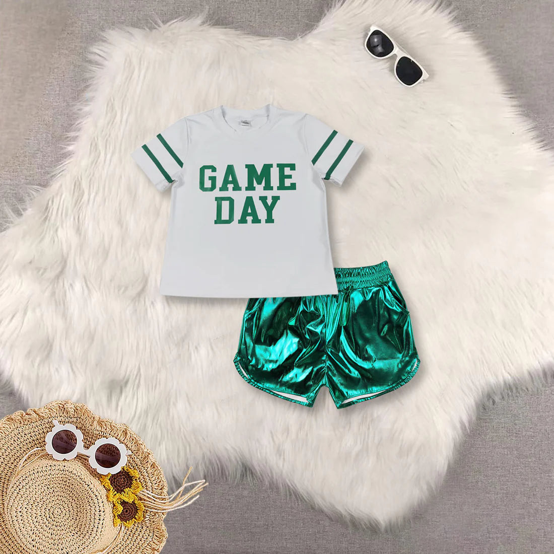 Kids Girls Sibling Game Day Top With Leather Shorts Set